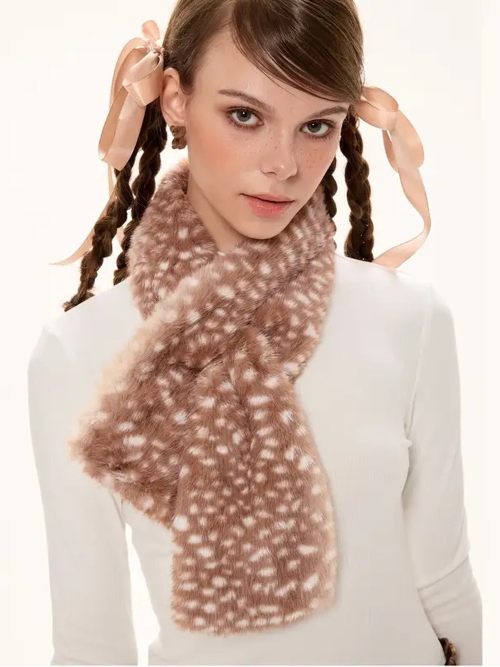 Deer Print Lux Faux Fur Scarf in Brown and Cream - Women Accessories